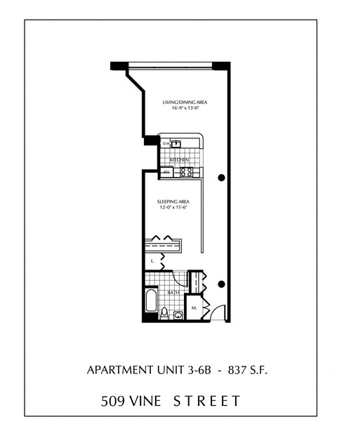 Floor plan for 1 bed, 1 bath, 837 sqft