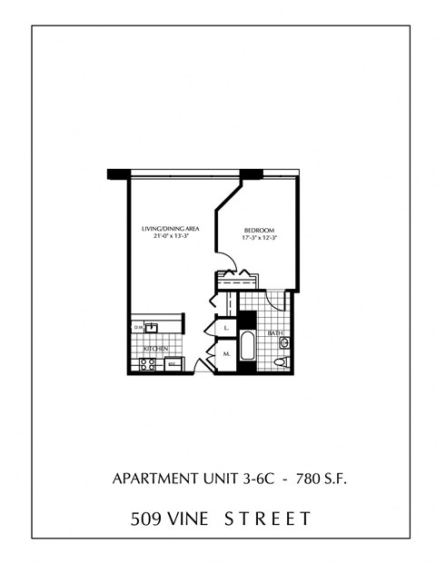 Floor plan for 1 bed, 1 bath, 780 sqft