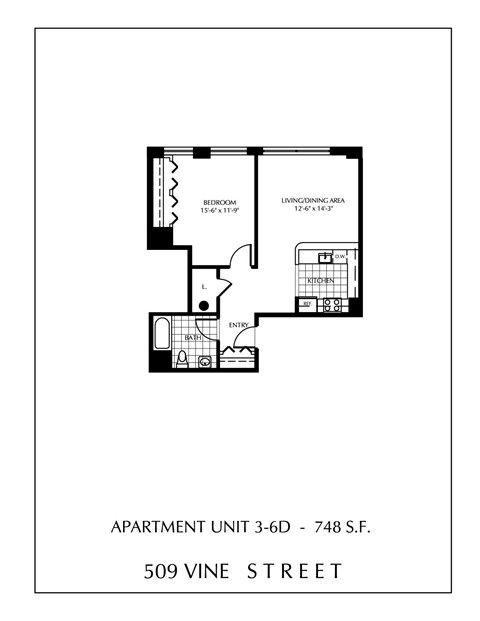 Floor plan for 1 bed, 1 bath, 748 sqft