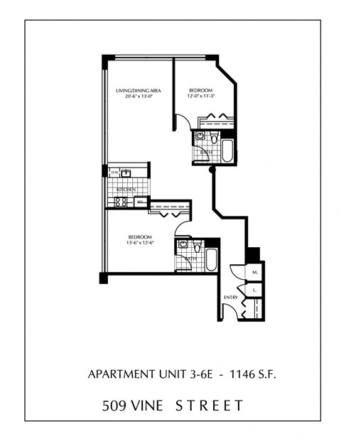Floor plan for 2 beds, 2 baths, 1146 sqft