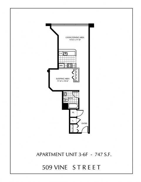Floor plan for 1 bed, 1 bath, 747 sqft