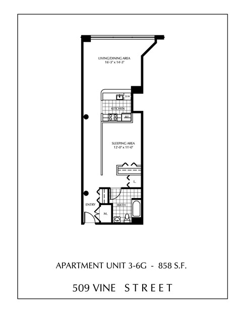 Floor plan for 1 bed, 1 bath, 858 sqft