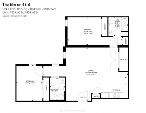 Floor plan for 2 beds, 2 baths, 859 sqft