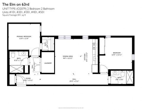 Floor plan for 2 beds, 2 baths, 841 sqft