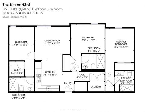 Floor plan for 3 beds, 3 baths, 979 sqft