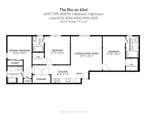 Floor plan for 3 beds, 3 baths, 1012 sqft
