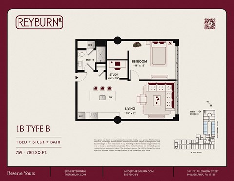 Floor plan for 1 bed, 1 bath, 775 sqft