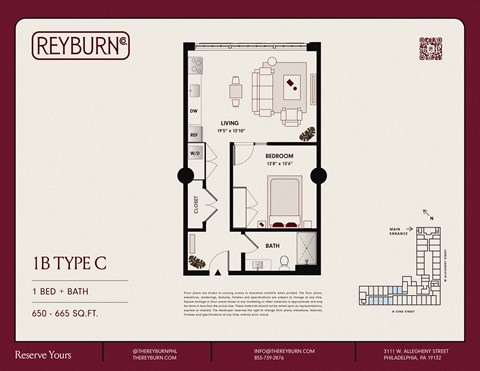 Floor plan for 1 bed, 1 bath, 650 sqft