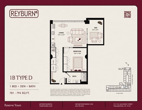 Floor plan for 1 bed, 1 bath, 794 sqft