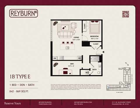 Floor plan for 1 bed, 1 bath, 869 sqft