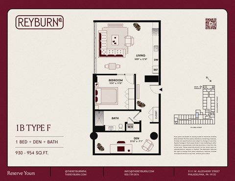 Floor plan for 1 bed, 930 sqft