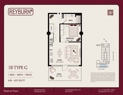 Floor plan for 1 bed, 1 bath, 629 sqft