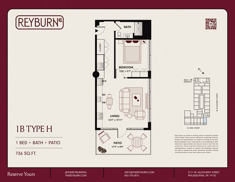 Floor plan for 1 bed, 1 bath, 736 sqft
