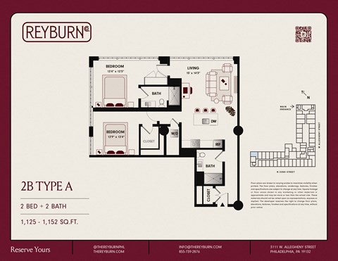 Floor plan for 2 beds, 2 baths, 1130 sqft