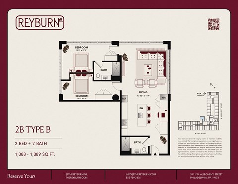 Floor plan for 2 beds, 2 baths, 1088 sqft
