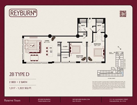 Floor plan for 2 beds, 2 baths, 1322 sqft