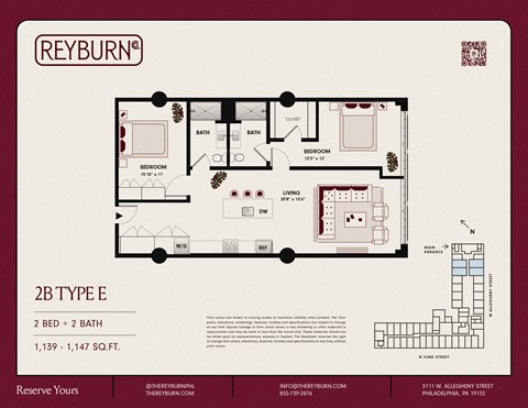 Floor plan for 2 beds, 2 baths, 1139 sqft