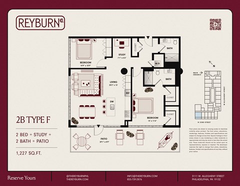 Floor plan for 2 beds, 2 baths, 1227 sqft