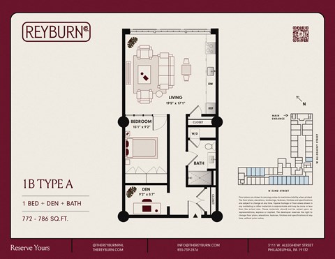 Floor plan for 1 bed, 1 bath, 777 sqft
