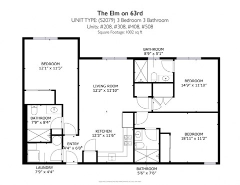 Floor plan for 3 beds, 3 baths, 1002 sqft