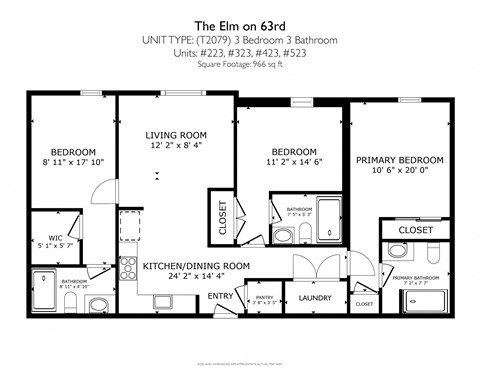 Floor plan for 3 beds, 3 baths, 966 sqft