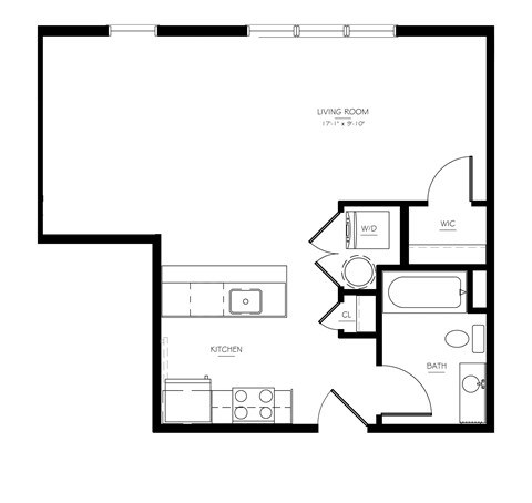 Floor plan for studio, 1 bath, 588 sqft