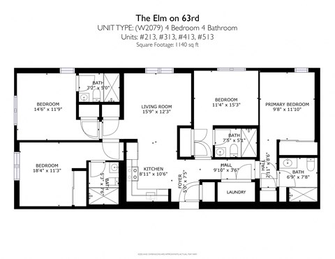 Floor plan for 4 beds, 4 baths, 1140 sqft