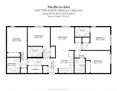 Floor plan for 4 beds, 4 baths, 1142 sqft