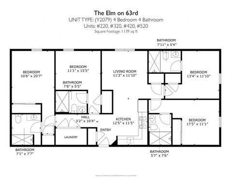 Floor plan for 4 beds, 4 baths, 1139 sqft