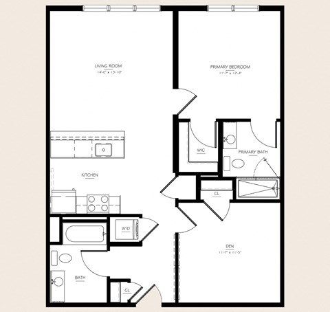 Floor plan for 2 beds, 2 baths, 934 sqft