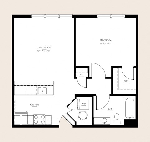 Floor plan for 1 bed, 1 bath, 656 sqft