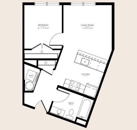 Floor plan for 1 bed, 1 bath, 544 sqft