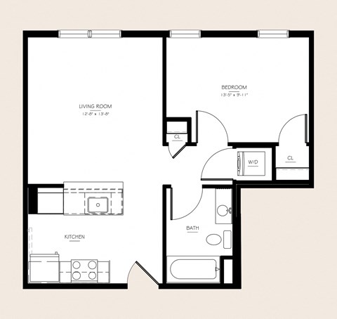 Floor plan for 1 bed, 1 bath, 593 sqft