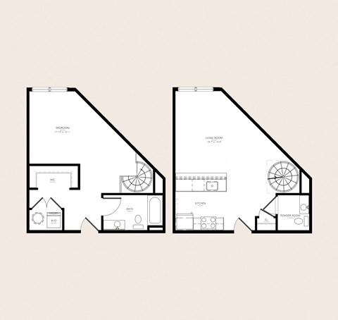 Floor plan for 1 bed, 1.5 baths, 885 sqft