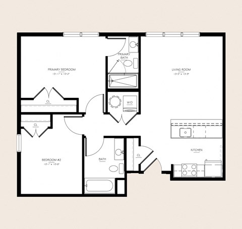 Floor plan for 2 beds, 2 baths, 864 sqft
