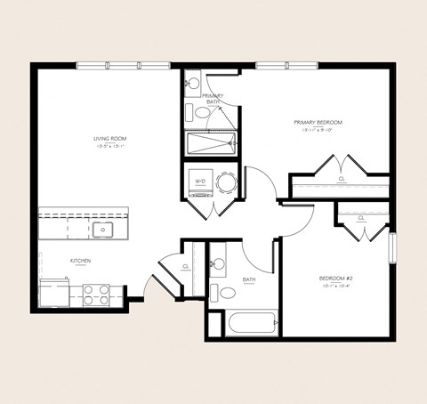 Floor plan for 2 beds, 2 baths, 845 sqft