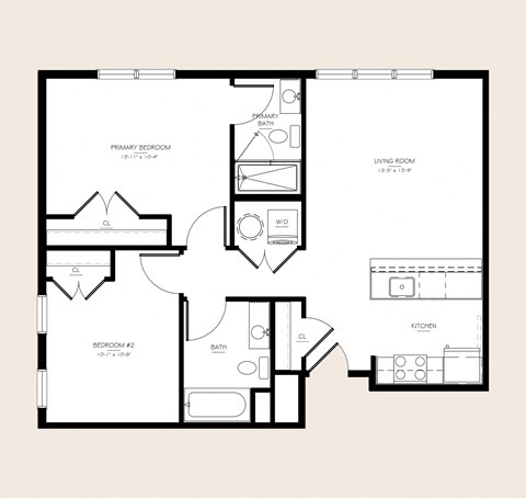 Floor plan for 2 beds, 2 baths, 875 sqft