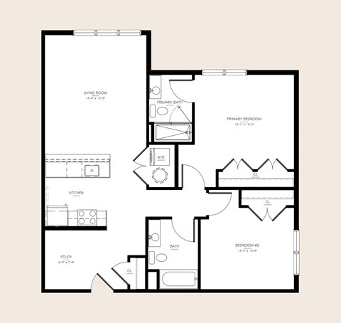 Floor plan for 2 beds, 2 baths, 1054 sqft