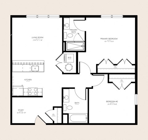 Floor plan for 2 beds, 2 baths, 982 sqft