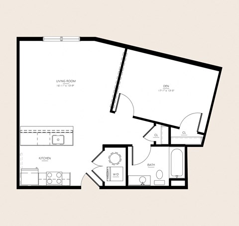 Floor plan for 1 bed, 1 bath, 685 sqft