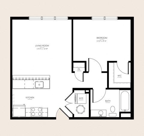 Floor plan for 1 bed, 1 bath, 643 sqft