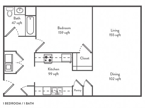 Floor plan for 1 bed, 1 bath, 750 sqft