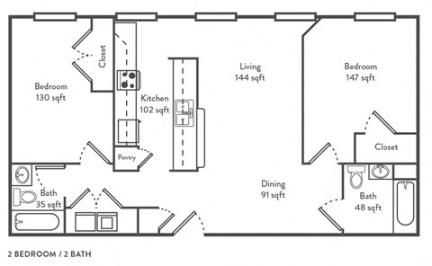 Floor plan for 2 beds, 2 baths, 980 sqft