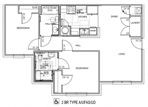 Floor plan for 2 beds, 2 baths, 904 sqft