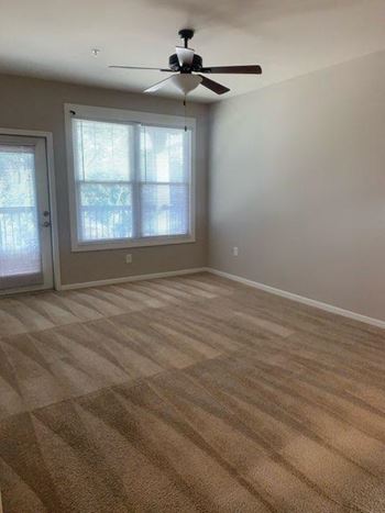 Room with a ceiling fan and carpeted floor.