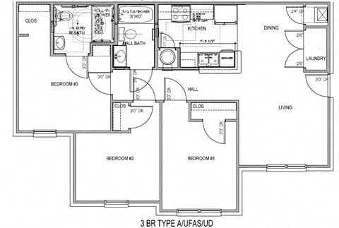 Floor plan for 3 beds, 2 baths, 1068 sqft