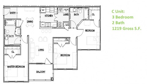 Floor plan for 3 beds, 2 baths, 1200 sqft