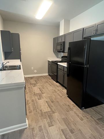 Pickens apartment for rent - A kitchen with black appliances and a white counter.