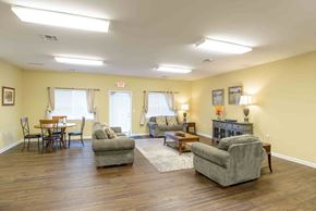 Harrisonburg apartment for rent - A living room with a grey sofa, a wooden table and a fireplace at Robinson Park Apartments, Harrisonburg