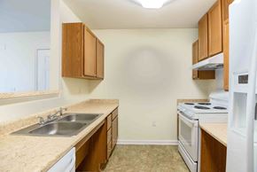 Harrisonburg apartment for rent - A kitchen with a white fridge, stove, and sink at Robinson Park Apartments, Harrisonburg, VA, 22801